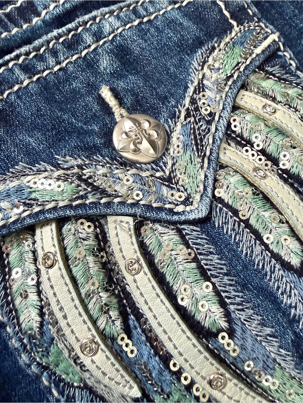 Miss Me Women’s Skinny Jeans size 31 Blue y2k embellished angel wing Sequin

Exc